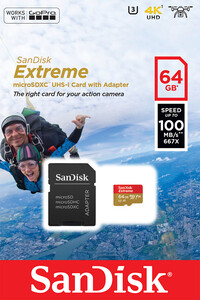 Karta pamięci Sandisk microSDXC 64GB EXTREME 100MB/s A1 C10 V30 UHS-I U3 + adapter SD (doskonała do kamer sportowych) SDSQXAF-064G-GN6AA