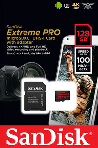 Karta SanDisk Extreme PRO microSDXC 128GB 100/90 MB/s A1 C10 V30 UHS-I U3 (SDSQXCG-128G-GN6MA)